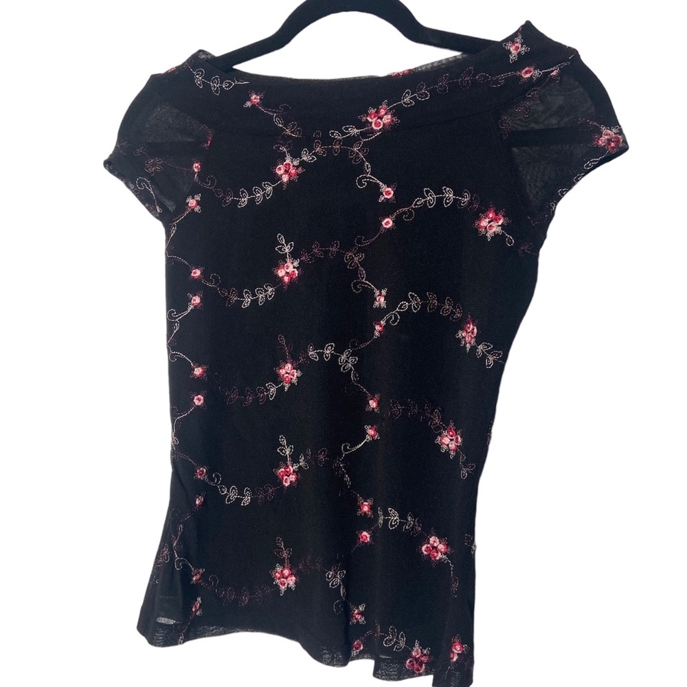 Y2K black net embroidered pink flower top